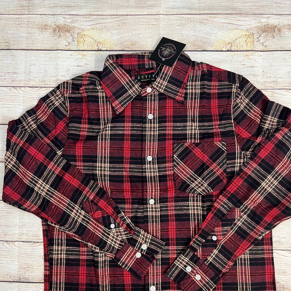 Activa Sports‎ Inc Red/Black Plaid Flannel Shirt Unisex SMALL Button Up NWT - Picture 6 of 8